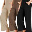FULLSOFT 3 Pack Women's Wide Leg Yoga Pants Comfy Loose Sweatpants High Waisted Lounge Casual Pants with Pockets (Medium, Black,coca Moncha,light Khaki)