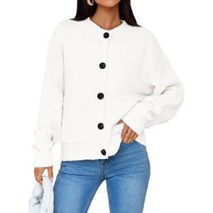 Saodimallsu Womens Button Up Cardigans Fall Crew Neck Fuzzy Knit Long Sleeve Cropped Sweater Jacket with Pockets (Medium, White)