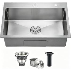 33 Inch Drop In Kitchen Sink - 11 Gauge Stainless Steel Single Bowl 33x22 Top Mount Kitchen Sink, 33" x 22" x 10"