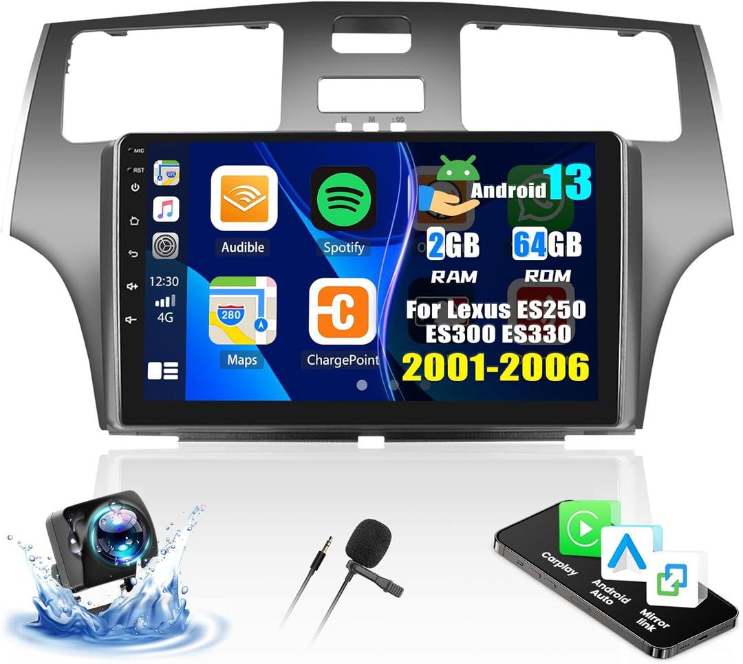 CAMECHO 2+64G Android 13 Car Stereo for Lexus ES250 ES300 ES330 2001-2006, Wireless CarPlay Radio & Android Auto Car Radio, 9" Touch Screen in-Dash GPS with Bluetooth WiFi RDS SWC Mirror Link