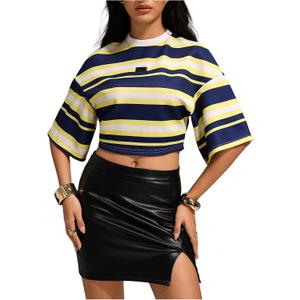 SOLY HUX Women's Color Block Striped Crop Top Half Sleeve Drop Shoulder Tees Oversized T-Shirts (Yellow, S)