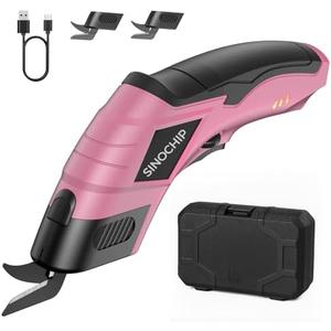 SINOCHIP Electric Scissors for Cardboard Cutting, 3000mAh cell 12000RPM High-Power Box Cutter with Dual Blades & Safety Lock Suitable for fabrics, cardboard, plastics, leather, carpets (pink）
