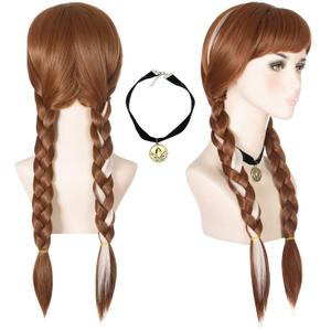 morvally Long Brown Braided Cosplay Wig for Women with Necklace Pigtails Synthetic Hair Wigs for Princess Costume Halloween Party Adult Size (Adult) (Adult (Single Unit), Brown Mix Blonde)