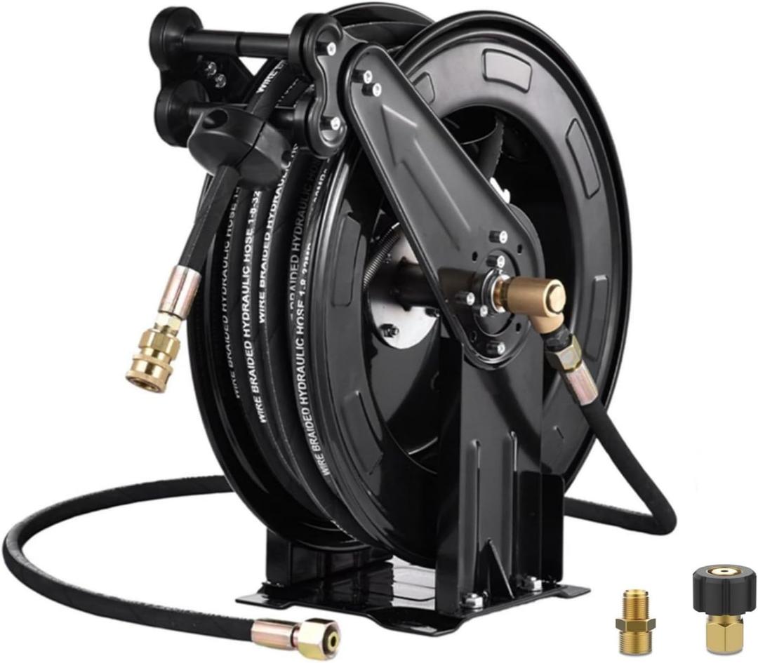 Pressure Washer Hose Reel, 50 ft x 3/8 inch Retractable Power Heavy-Duty Steel Washer Hose Reel 4000PSI,Auto-Rewinding, Flexible Wall/Floor Mounted for Car Washing,Floor Cleaning,Garden