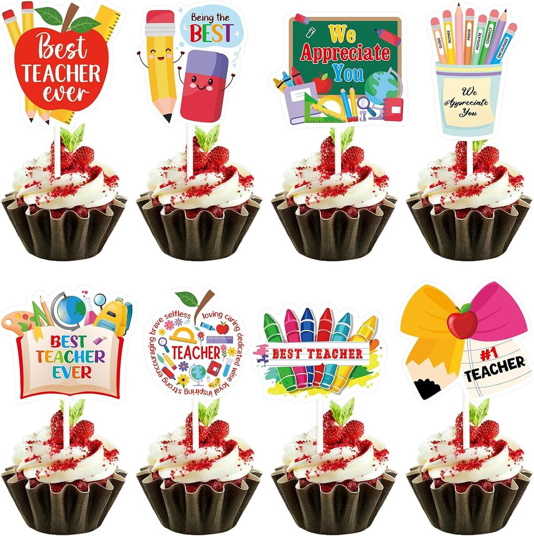 2 x WorldBazaar Teacher Appreciation Cupcake Toppers 24 PCS End of Year Teacher Thank You Cake Topper Decoration Graduation Preschool Kindergarten Party Supplies