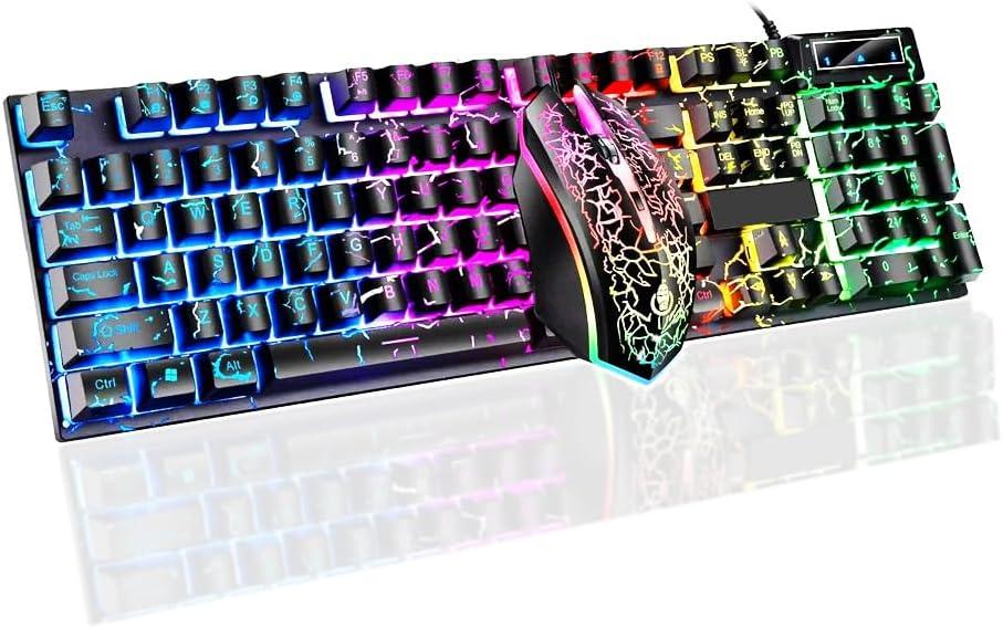 Guiheng Wired Crack Rainbow Gaming Keyboard and Mouse Combo, 104 Keys Light Up Mechanical Feeling Computer Keyboard, Wired Gaming Keyboard and Mouse for PC MAC Xbox Gamer(Black)