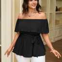 SCOMCHIC Plus Size Off The Shoulder Peplum Tops for Women Summer Ruffle Hem Blouse Chiffon Babydoll Top (Black, XXXL)