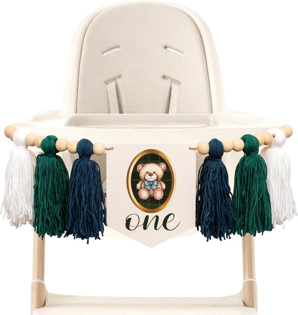 Bear 1st Birthday High Chair Banner - Jungle Wild One Handmade 1st Birth Highchair Banner,First Birthday Party Banner,Green Fringe Wood Bead Highchair Wreath,Wall Hangings Decorative for Photo Props,Kids Bedroom