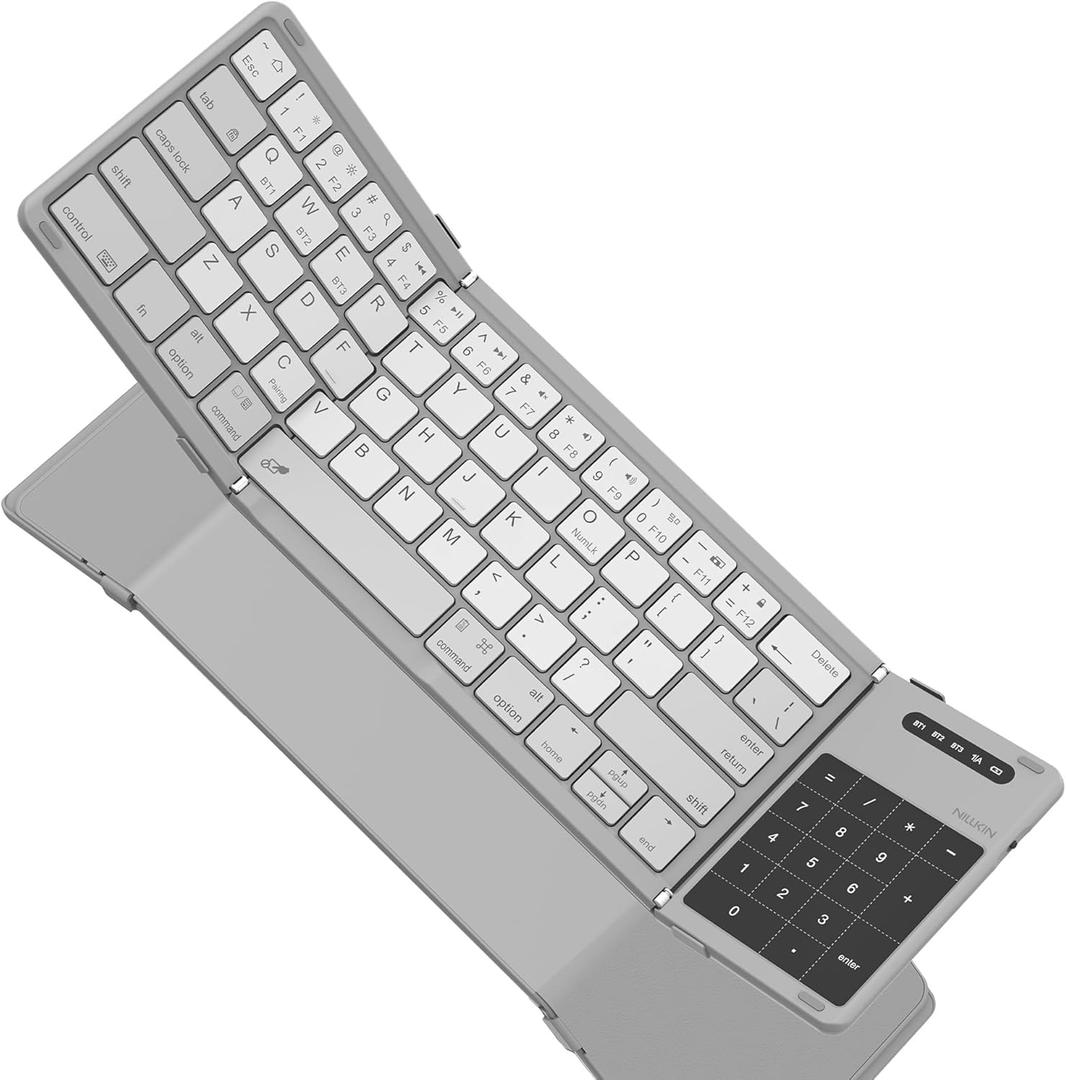 Nillkin Foldable Travel Keyboard with Touchpad & Number Pad, Bluetooth Wireless Portable Folding Full Size Keyboard with Trackpad for PC Laptop iPad Tablets Smartphone, Silicone Leather Cover, Gray