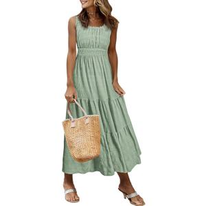AlvaQ Women Summer Dresses Sleeveless Smocked Midi Dress High Waist Casual Tiered A Line Sundress with Pockets (Green, S)