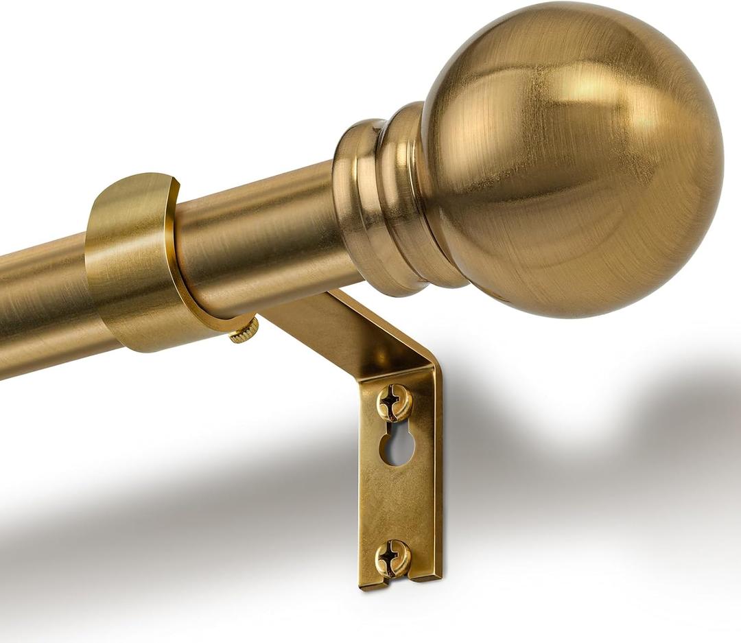 Brushed Brass Curtain Rods 32 to 152 Inch for Windows, 1 Inch Heavy Duty Adjustable Curtain Rod with Classic Metal Ball Finials, Antique Warm Gold Extra Long Drapery Rod for Living Room & Bedroom