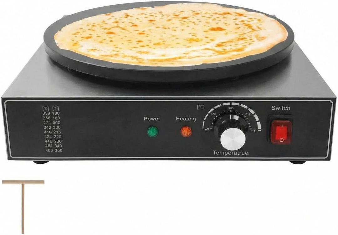 16 Inch Commercial Crepe Maker, Non-Stick Electric Crepe Machine with Precise Temp Control and Indicator Lights for Home and Restaurant,1750 w,110 v (Single Plate)