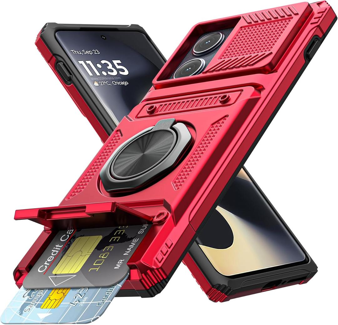 Vofolen for Motorola Moto Edge 5G 2024 Case with Card Holder [Store 2 Cards] + 360 Rotated Ring Holder Kickstand Heavy Duty Shockproof Wallet Phone Case Cover for Motorola Edge 2024, Red