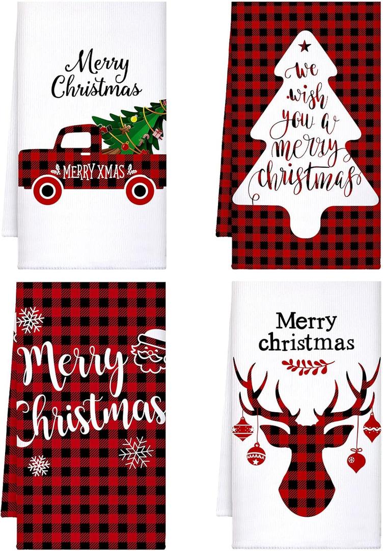 Honoson Christmas Kitchen Towels Ultra Absorbent Dish Quick to Drying Buffalo Plaid Hand Towel Polyester Cleaning Tea Towels for Home Washing Drying Dishes Kitchen Supplies(Black, Red,Plaid)