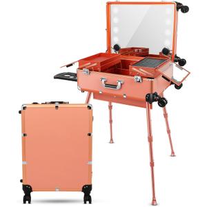 Aluminum Trolley Makeup Train Case with Led Light Rolling Makeup Case with Legs Suitcase Vanity with Lights with Stand Mirror Makeup Vanity Station (24 in, Golden)
