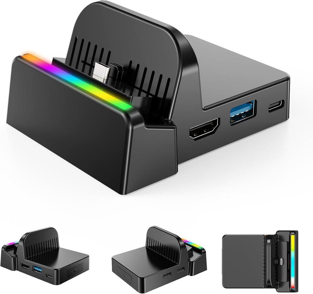 Portable TV Docking Station for Switch 2, Switch & OLED  4K HDMI Output, USB 3.0/2.0 Ports, Dual Type-C, RGB Light Charging Dock Replacement for TV Play