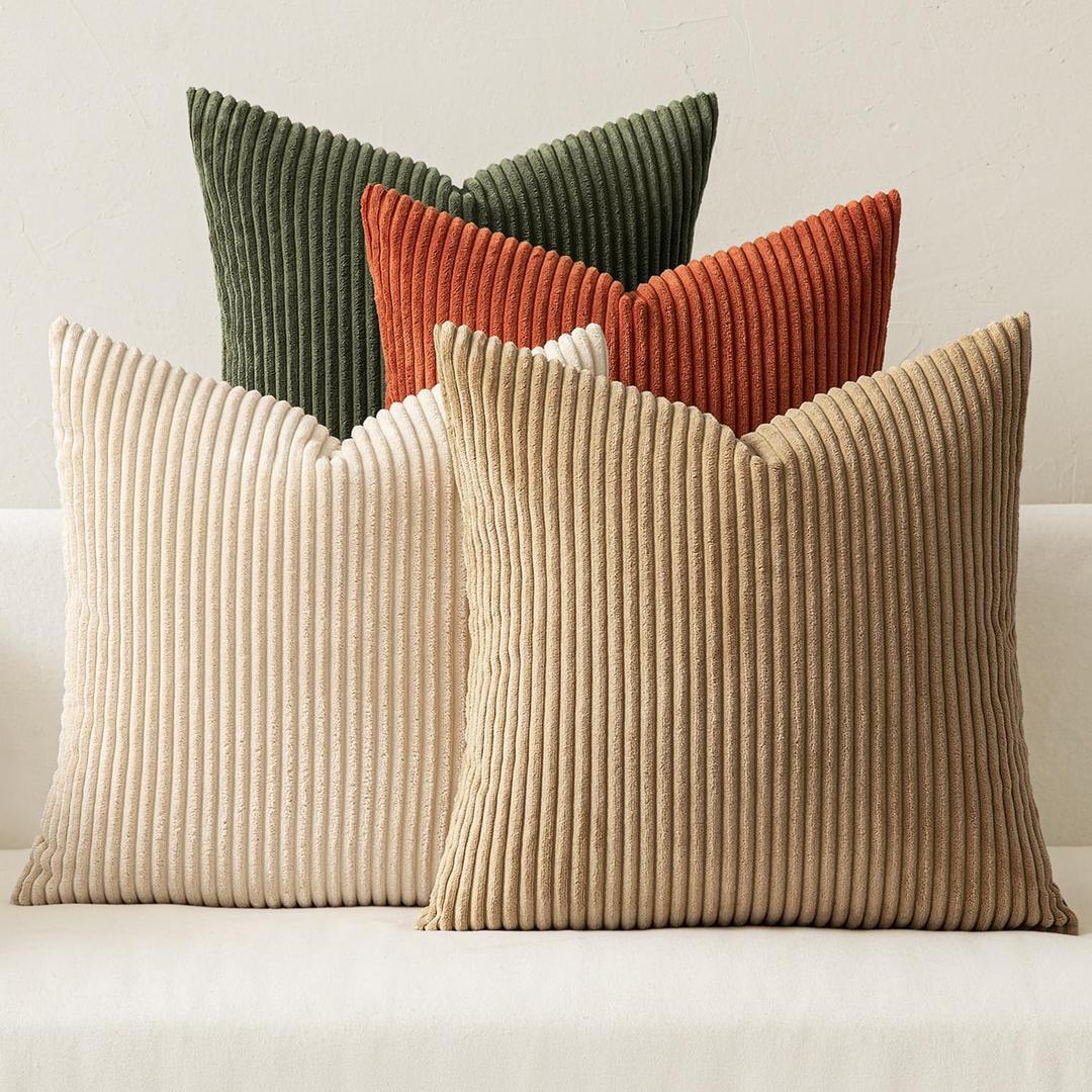 MIULEE Boho Farmhouse Throw Pillow Covers 18x18 Inch Set of 4 Rustic Modern Neutral Cushion Covers Soft Corduroy Nordic Home Decor for Couch Bed Sofa Living Room Rust-Olive Green