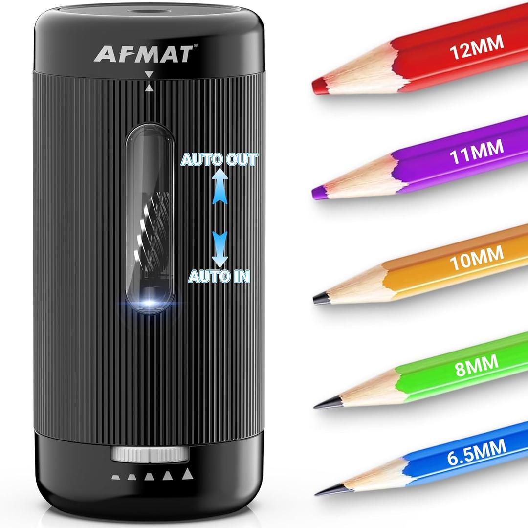 AFMAT Electric Pencil Sharpener, Auto in & Out, 5 Nibs, Fully Automatic Pencil Sharpener for Classroom, Rechargeable Hands-Free Sharpeners for No.2/Jumbo/Colored Pencils (6.5-12mm) PSC3(Black)