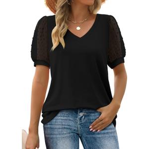 Aokosor Womens Summer Tops V Neck T Shirts Swiss Dot Puff Sleeve Tops Loose Casual Tshirts, Large, All Black