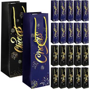 Zonon 40 Pcs Wine Gift Bags for Bottles with Rope Handle and Cheers Lettering Black Blue Paper Favor Bag Wine Bottles Gold Foil Print Bags for Wedding Engagement Holidays
