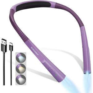 Glocusent Upgraded LED Neck Reading Light, Book Light for Reading in Bed, 30-min Timer, 3 Colors & 3 Brightness Adjustable, Rechargeable & Long Lasting, Perfect for Reading, Knitting (Slim-Medium, Purple)
