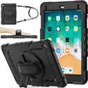 SEYMAC stock Case for iPad 6th / 5th Generation Case/Air 2 / Pro 9.7 inch, Heavy Duty Protective with Screen Protector, with Pencil Holder, Hand Strap, Shoulder Strap, 360 Rotate Stand, Black