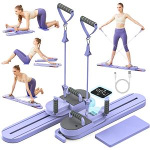 Pilates Slider Board for Women Home Workouts Detachable Portable Pilates Reformer Machine with Resistance Bands Mini Fitness Equipment (Purple)