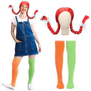 2 Pcs Halloween Freckled Stocking Girl Costume Set Red Braided Wig Clown Pigtail Costume with Mismatched Stockings for Halloween Cosplay Party Outfits Girls Women