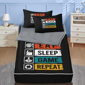 Nesker Twin Zipper Bedding, Black Gaming Zipper Bedding Sets for Boys, 3pcs All-in-one, Video Gamer Game-Themed Kids Comforter Set with Fitted Sheet and 1 Pillowcase