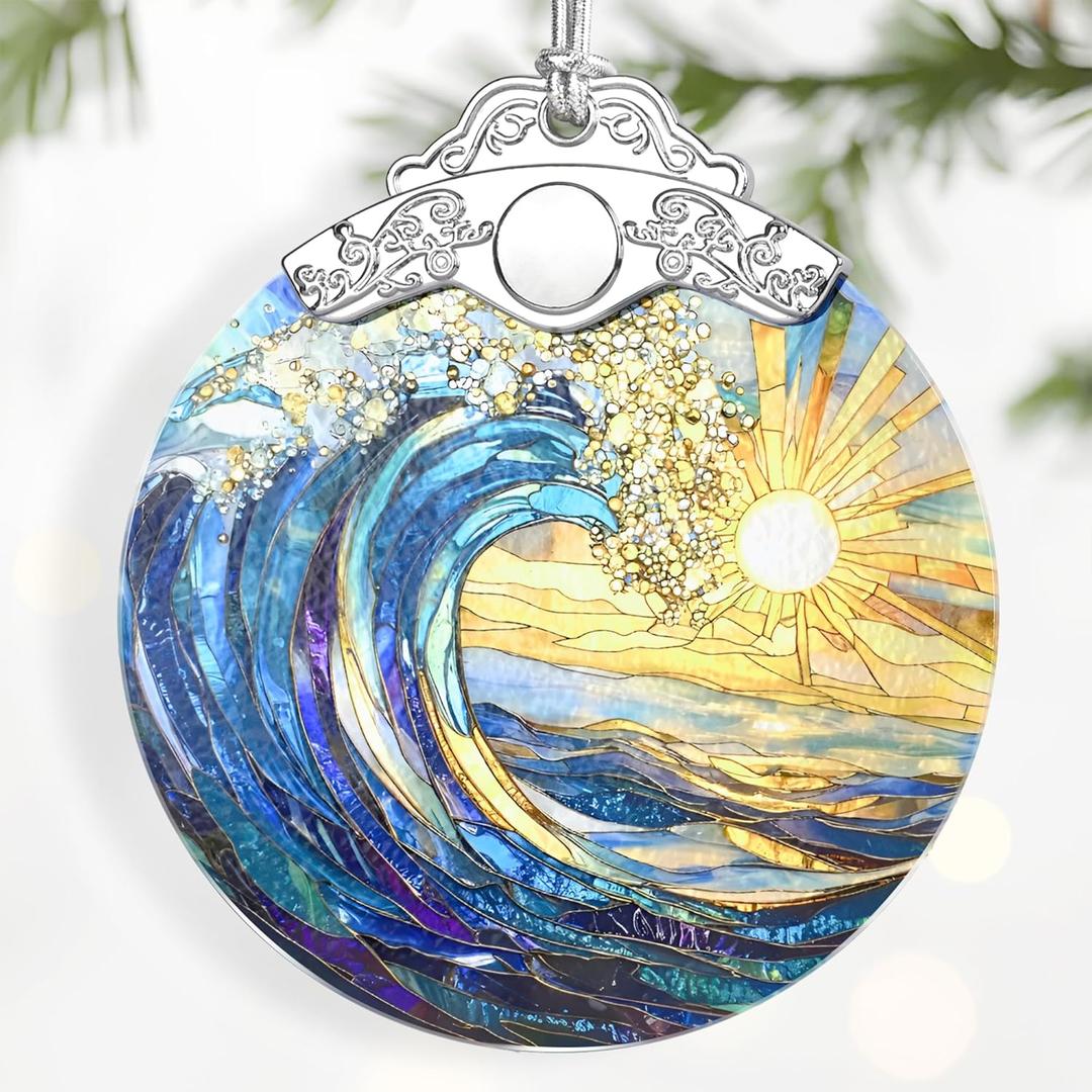 2 x Sea Wave Ornament  Christmas Decoration & Christmas Ornament; Stained Glass Holiday Decoration (Holiday Present, Bauble Present, Gift Idea, Gift Exchange) | Heirloom Keepsakes