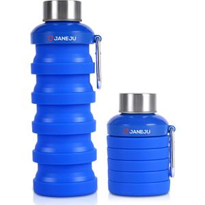 JaneJu Collapsible Water Bottle, 17oz BPA Free Silicone Reusable Portable Lightweight Foldable Water Bottles with Carabiner, Portable Leak Proof Sports Water Bottle (Navi Blue)