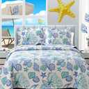 CHESITY Beach Quilts Twin Size 3-Piece Reversible Ocean Bedspread Coastal Bedding Set Summer Lightweight Starfish Seashell Conch Coverlet Set Bedding Cover Conch Sheet(68"x86") (Light White Blue)