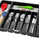 madesmart Expandable Silverware Tray, 8 Compartment Silverware Organizer for Forks, Knives & Spoons, Non Slip, Soft Grip Base, Expands to Fit Most Drawers, Carbon