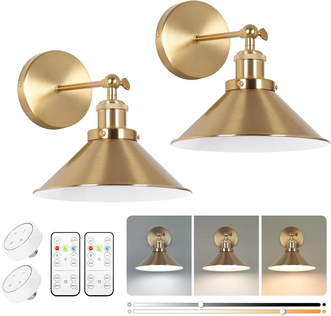 Battery Operated Wall Sconce Set of Two, Brushed Brass Battery Powered Wall Lighting Indoor, Cordless Metal Indoor Wall Lamp, Dimmable with Remote, Suitable for Living Room Bedroom Hallway (Gold)