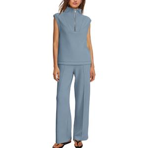 Women 2 Piece Outfits Sets Summer Lounge Set | Airport Travel Outfit, Pants Sets, Matching Sweat Sets, Sweatsuits, Tracksuit, Half Zip Sleeveless Tops, Wide Leg Pants (Blue)