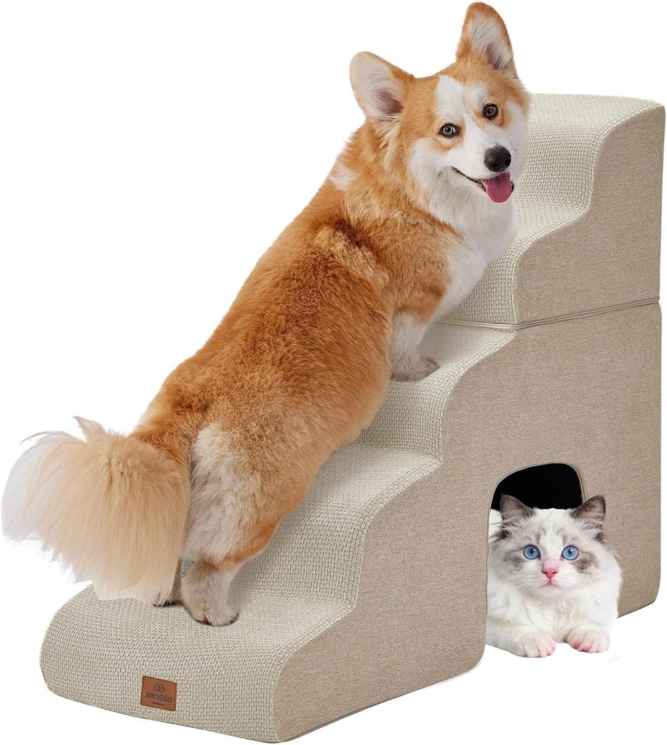 Joydeco Dog Stairs for Bed 29" H, 5-Step Pet Steps for Small Dogs and Cats, Dog Steps for High Bed, Non-Slip Balanced Ramp Indoor Pet Stairs, Beige