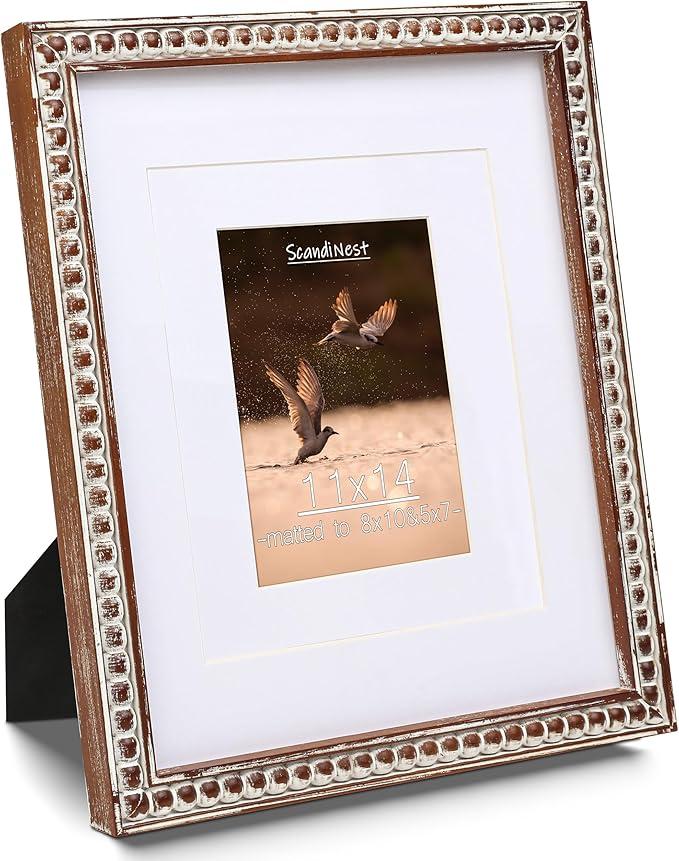 11x14 Rustic Picture Frame, Decorative Distressed Beaded Detailing, Natural Pine Wood with Real Glass, Matted to 8x10/5x7 Photos, Gallery Wall Poster Frame and Tabletop Display, Natural