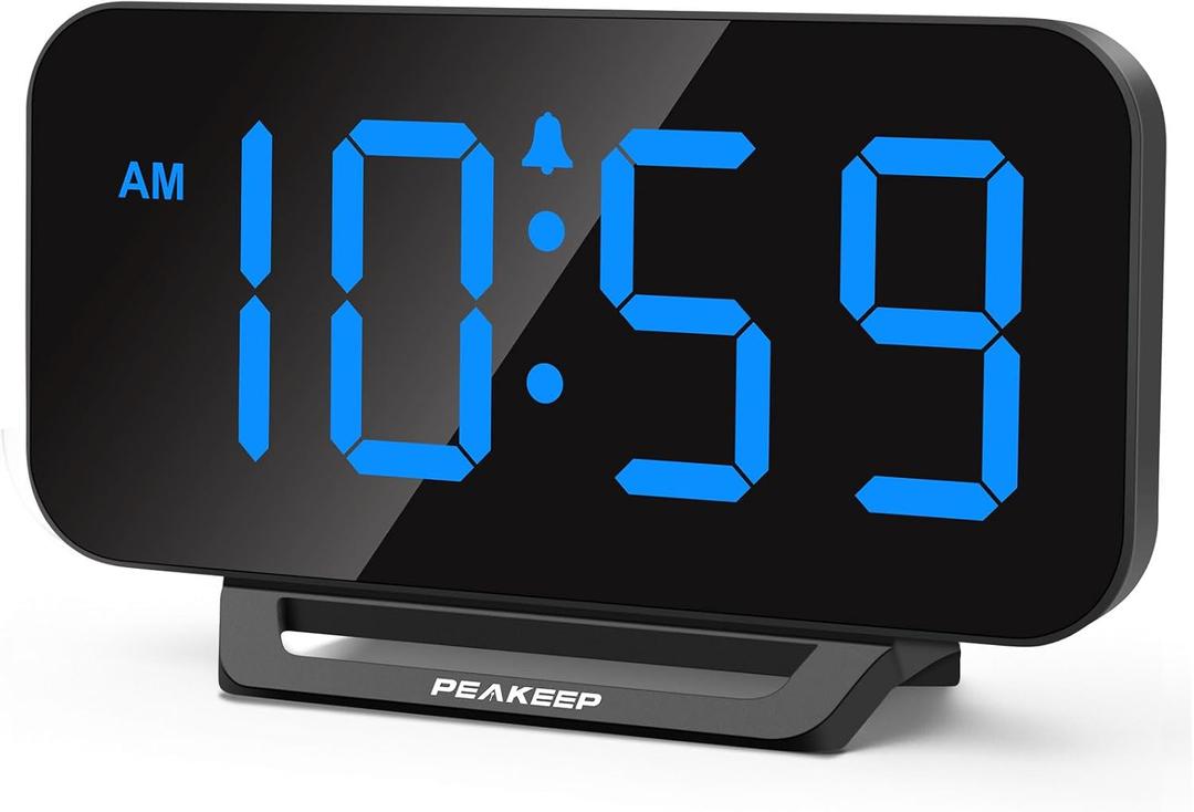 Peakeep Small Digital Alarm Clock for Bedrooms, Loud for Heavy Sleepers Adults, Dimmable Plug in Electric Large Numbers Clock Battery Backup, Slim Clock for Table Office Modern Living Room (BB) (Black With Blue)