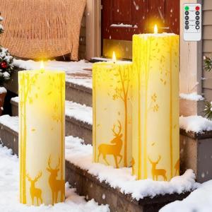 Tuanse 3 Pcs Jumbo Outdoors Christmas Flameless Candles 4 x 10/12/14 Inch Large Waterproof LED Candle with Remote Gold Reindeer Xmas Battery Operated LED Lighted for Holiday Patio Porch Lanterns Decor