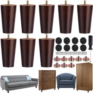 TURSTIN 8 Pieces Furniture Legs 4 Inches Round Solid Wood Furniture Feet with M8 T-Nuts Couch Legs Sofa Leg Replacement Leg for Armchair, Cabinet, Chair, Dresser or Home DIY Projects, Brown