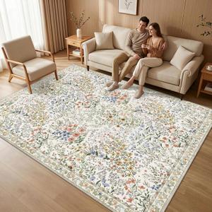 Living Room Area Rug 8x10: Vintage Floral Area Rug - Machine Washable Non Slip Low Pile Foldable Area Rugs - Family Room Dining Room Farmhouse Indoor Carpet - 8'x10' Beige