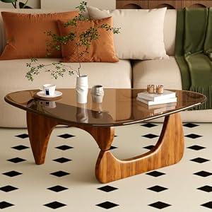 JCAJCA Coffee Table for Living Room Mid Century Modern Center Table with Glass Top and Wood, 32 Inch, Brown/Walnut