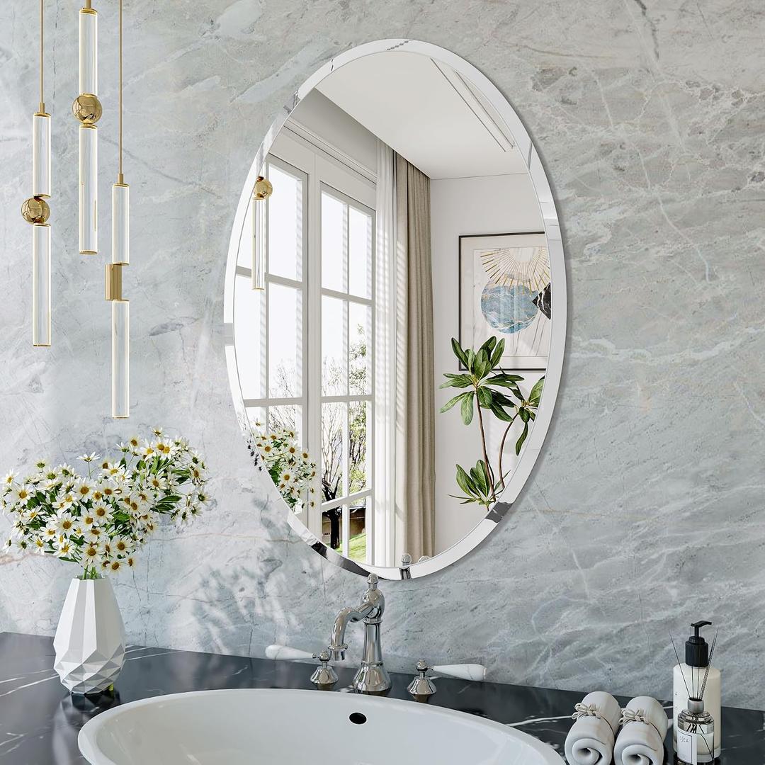 Frameless Oval Mirror, 16"x24" Beveled Oval Bathroom Mirrors, Wall Mounted Vanity Mirror for Bedroom, Entryway, Living Room, Hangs Horizontally or Vertically