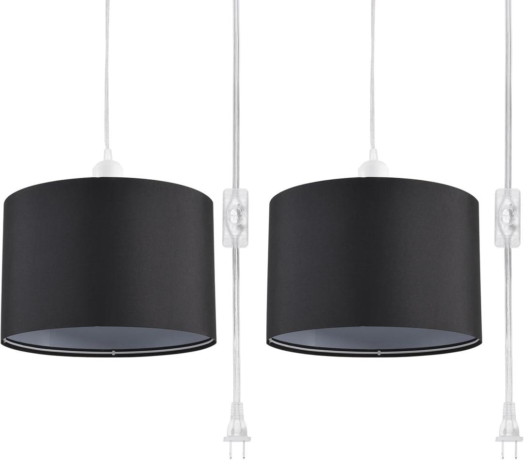 2 Pack Plug in Pendant Light, Hanging Light with 15Ft Clear Cord, On/Off Switch, Black Fabric Lamp Shade, Hanging Light Fixture for Bedroom, Kitchen, Living Room, Dining Table