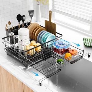 Laveshop Dish Drying Rack - Expandable Rack, Large Capacity Dish Drainer for Kitchen Counter, Rust-Proof with Utensil Holder, Black, 16.6"L x 11"W