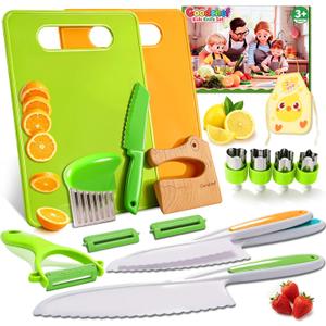 16 PCS Toddler Knife Set-Montessori Kitchen Tools for Toddlers-Kids Knife Set for Real Cooking with Kid Safe Knife Safe Plastic Peeler Kid Cutting Board Child-Friendly Tools