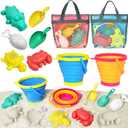 Collapsible Beach Toy for Kids Toddlers, 2 Collapsible Sand Buckets Shovels Set with Mesh Bags and Sand Molds, Foldable Travel Sand Toys for Beach, Sandbox Toys for Kids Age 3-10
