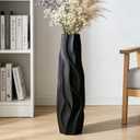 Black Tall Ceramic Floor Vase, 28 Inch, Pleated Wave Design