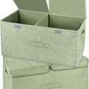 2 Pack Large Storage Boxes with Lids and Handles, Collapsible Linen Storage Bins Organizer Containers Baskets Cube with Removable Divider for Home Bedroom Closet Office (Green, Large)