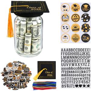 3 x 2026 Graduation Gifts, Personalized Name Graduation Mason Jar, Filled With Ribbon, 50pcs Stickers, Class Of 2026 Cap Kit, Congrats Decorations Party Supplies For Him Her Women Men College High School